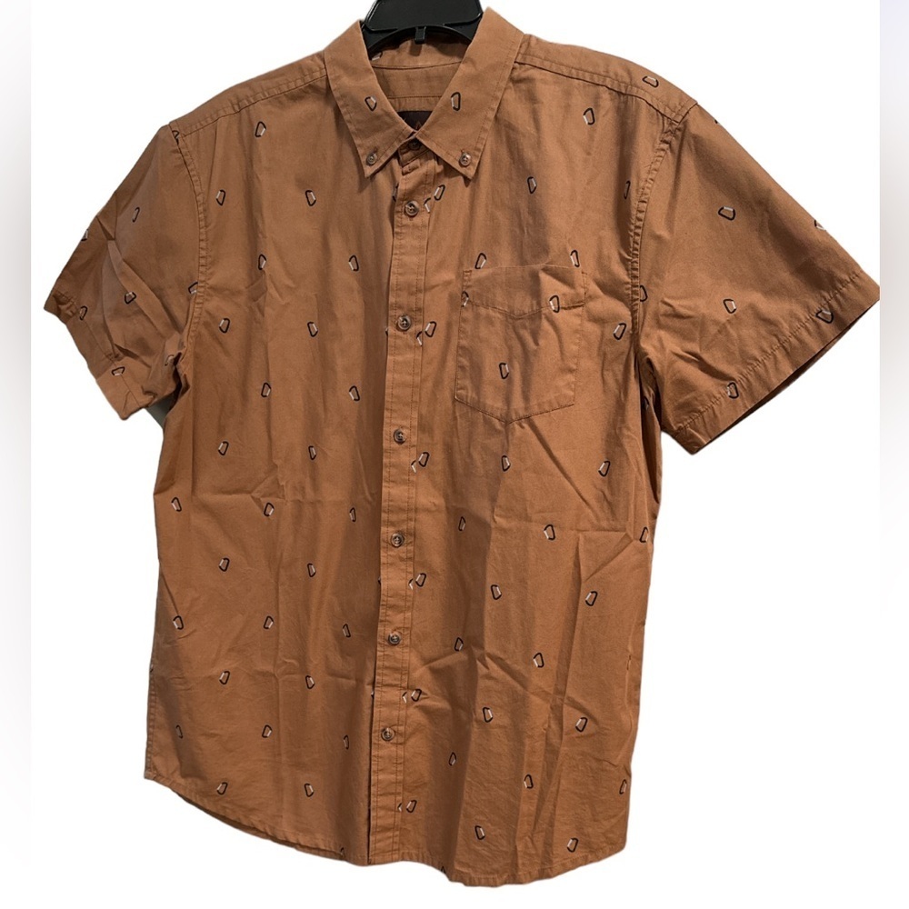 Prana Mens Sz Large Broderick Shirt Short Sleeve Button down Carabiner Print